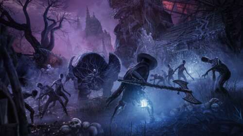 A heavily armored dark fantasy knight standing in a desolate, gothic landscape from... wallpaper