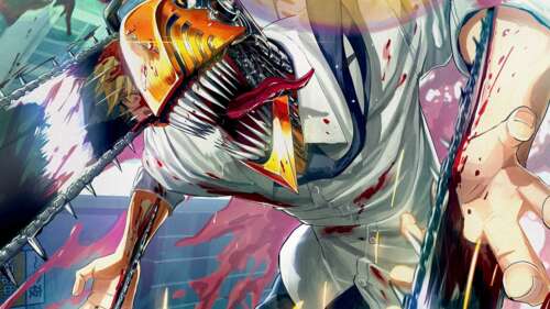 Denji from the anime and manga series Chainsaw Man depicted in a dynamic art style. wallpaper