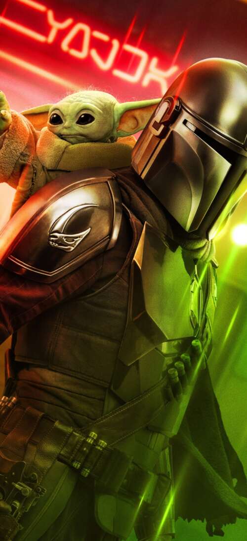 A high-resolution neon-style portrait of Din Djarin and Grogu from Star Wars: The... free hd wallpapers