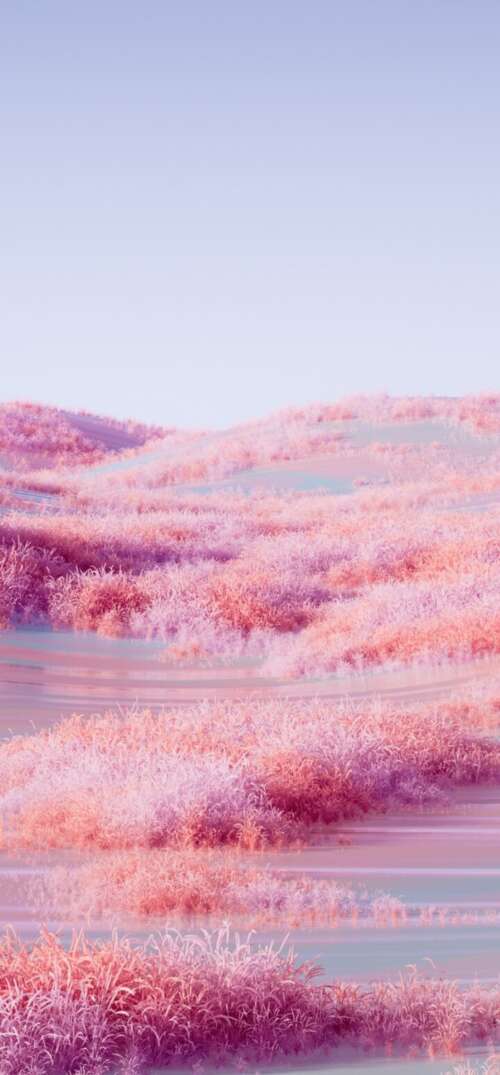 A surreal landscape of rolling hills covered in lush pink grass under a dreamy, soft... wallpaper