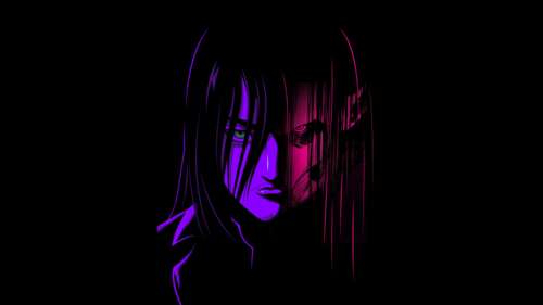 Vibrant neon art illustration of Eren Yeager from Attack on Titan on a solid black... wallpaper