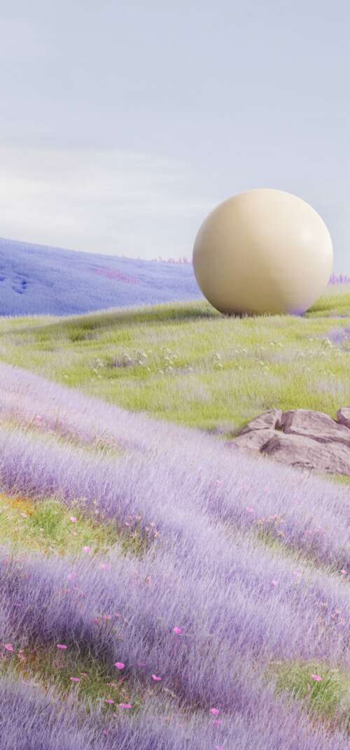 A surreal landscape of vast lavender fields with a large, glowing sphere floating... wallpaper