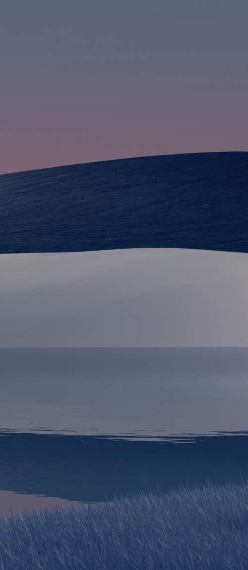A surreal landscape at dusk featuring a large moon rising over rolling hills with... wallpaper images