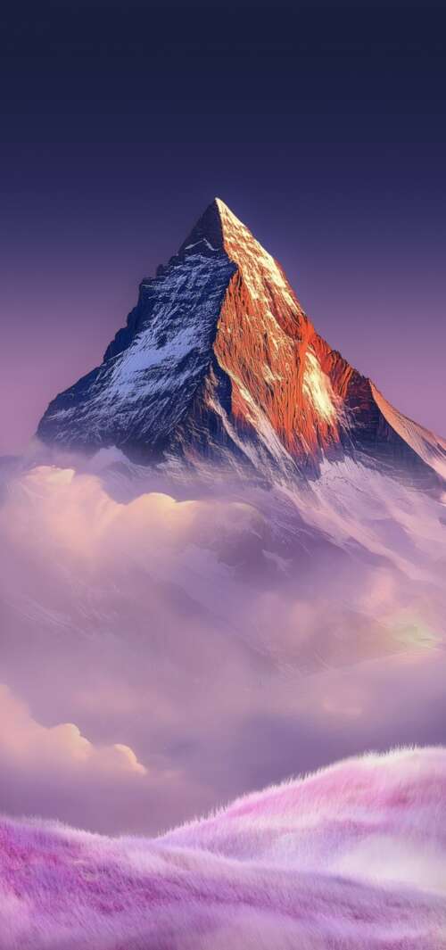 A high-altitude mountain peak under a purple and violet sunset sky with scattered... wallpaper