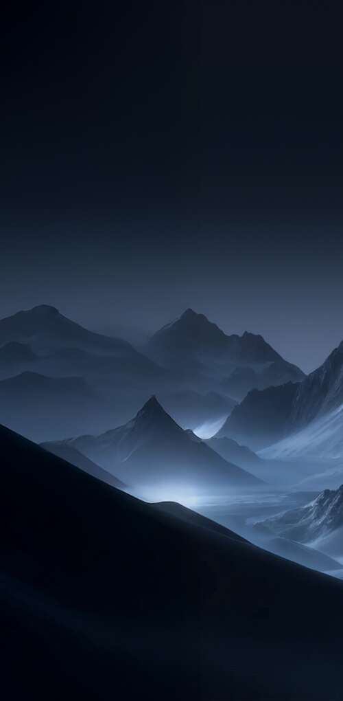 A serene night landscape featuring snow-covered mountain peaks under a dark blue,...