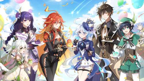 A group portrait of Genshin Impact characters including Mavuika, Furina, Zhongli,... wallpaper
