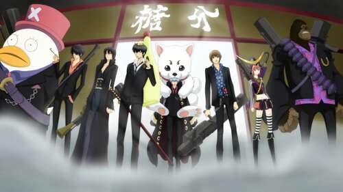 An expansive ultrawide landscape featuring characters from the Gintama anime series. wallpaper