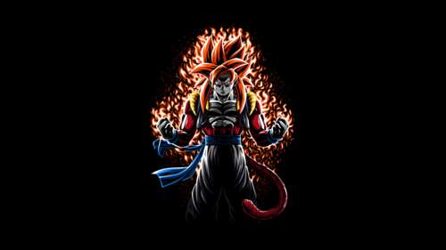 Goku in Super Saiyan 4 Fusion form from Dragon Ball against a black background wallpaper