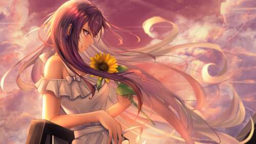 A joyful anime girl smiling amidst a lush field of bright sunflowers under warm,... wallpaper