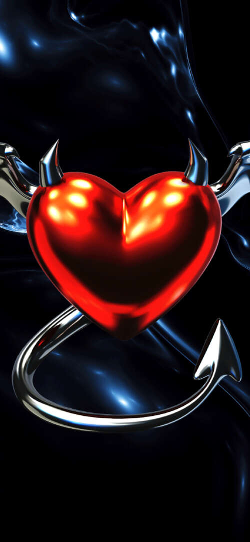 A reflective metallic red heart positioned against a dark, moody gothic background. wallpaper
