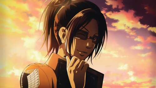 A cinematic, high-definition portrait of Hange Zoe from the anime Attack on Titan. wallpaper