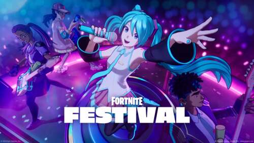 Hatsune Miku from Vocaloid performing during a musical session in the Fortnite Festival... wallpaper