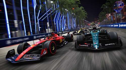 Formula 1 racing cars speeding around a curve on a professional asphalt race track... wallpaper