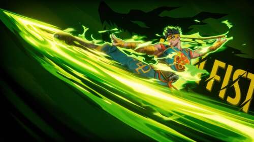 Iron Fist from Marvel Rivals performing a powerful martial arts strike with a glowing,... wallpaper