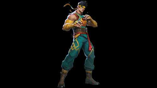 Iron Fist from Marvel Rivals featuring glowing energy effects against a black background. free wallpaper