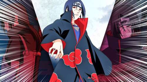 A traditional art style wide-angle portrait of Itachi Uchiha wearing the Akatsuki... wallpaper