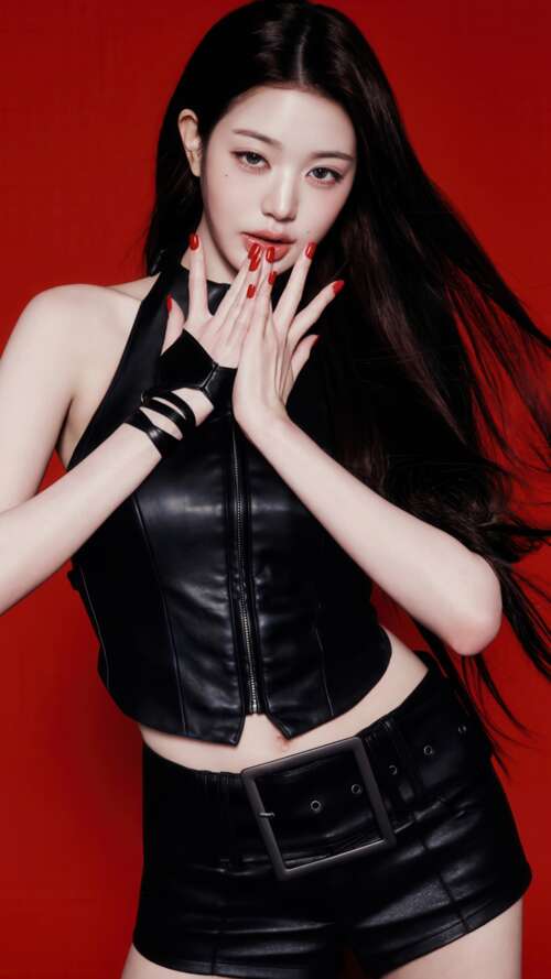 K-pop idol Jang Wonyoung of IVE wearing a black dress against a red background free wallpaper