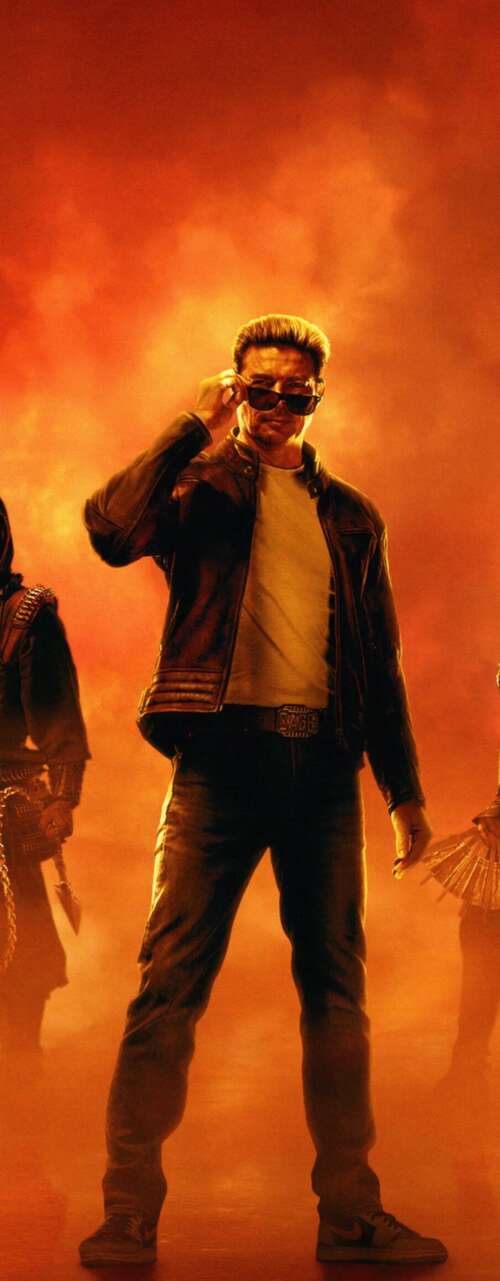 Karl Urban as Johnny Cage in a Mortal Kombat II movie poster featuring a bold orange... lock screen wallpaper
