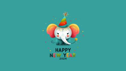 A cute baby elephant cub surrounded by colorful flying party confetti celebrating... free wallpaper