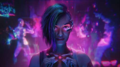 A neon pink aesthetic portrait of Judy Alvarez from Cyberpunk 2077 featuring glowing... free wallpaper