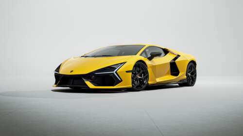 A high-resolution 5K image of the Lamborghini Revuelto super sports car isolated... wallpaper download