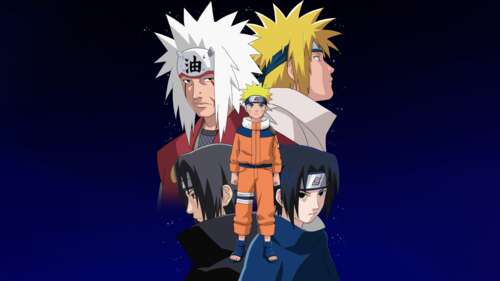 A cinematic group portrait of Naruto Uzumaki, Sasuke Uchiha, Minato Namikaze, and... wallpaper