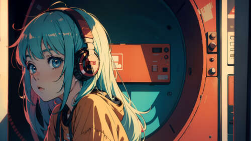 Anime girl wearing large headphones, listening to music in a lofi aesthetic style. wallpaper