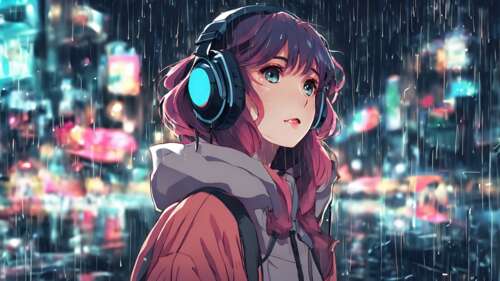 Lofi Girl wearing headphones and studying while it rains outside the window. wallpaper