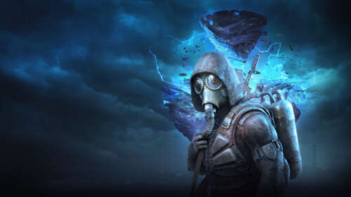 A tactical survivor wearing a gas mask and weathered gear standing amidst the desolate,... wallpaper