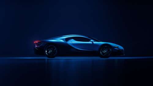 A futuristic Bugatti Tourbillon hypercar with a dark blue aesthetic and sleek aerodynamic... wallpaper
