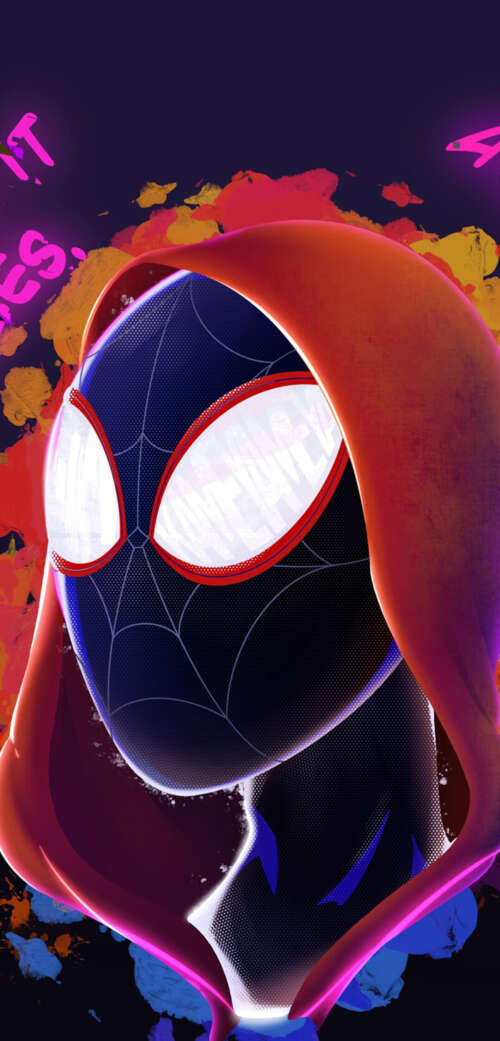 A neon-lit digital illustration of Miles Morales from Marvel Comics featuring bright...
