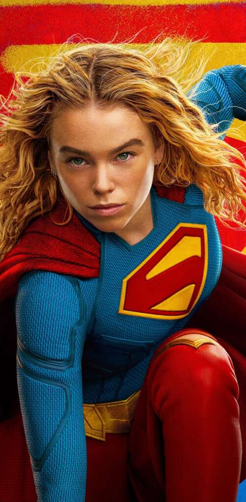 Cinematic portrait of Milly Alcock as Supergirl from the 2026 movie. hd background