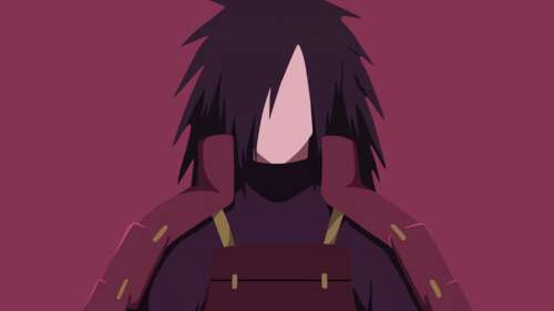 Minimalist faceless silhouette of Madara Uchiha from Naruto on a deep maroon background. wallpaper
