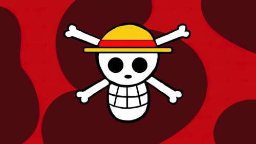 Straw Hat Pirates logo with Monkey D. Luffy from One Piece on a red background wallpaper