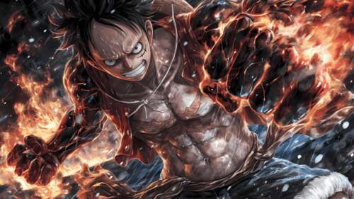 A dramatic and high-detail depiction of Monkey D. Luffy as the Sun God Nika from... wallpaper