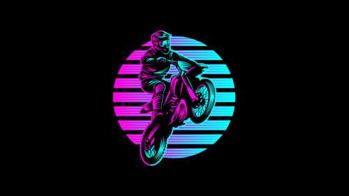 A motocross motorcycle and stuntman illuminated by vibrant neon pink and blue lights... free wallpaper