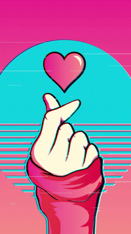A hand performing a K-pop finger heart gesture amidst pink vaporwave glitch art and... download free phone wallpaper