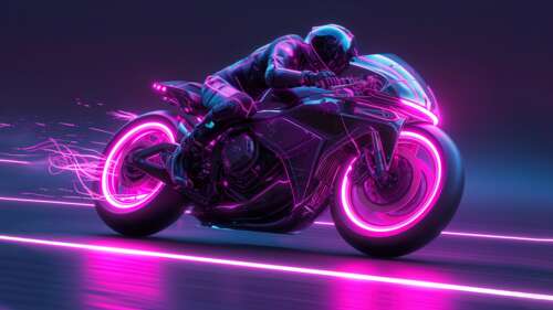 A futuristic biker on a racing motorcycle surrounded by bright neon light trails... wallpaper