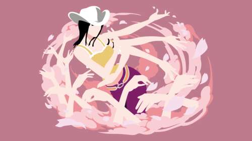 Minimalist pastel illustration of Nico Robin from One Piece on a soft pink background. wallpaper