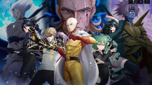 A group illustration featuring Saitama, King, and Sonic the Hedgehog from the One... wallpaper