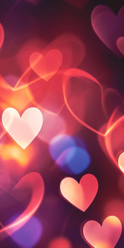A collection of brightly colored hearts glowing against a soft, blurry bokeh background. hand phone wallpaper