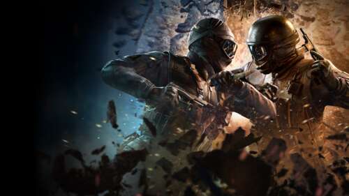 A close-up, intense shot of a Rainbow Six Siege operator equipped with a tactical... wallpaper