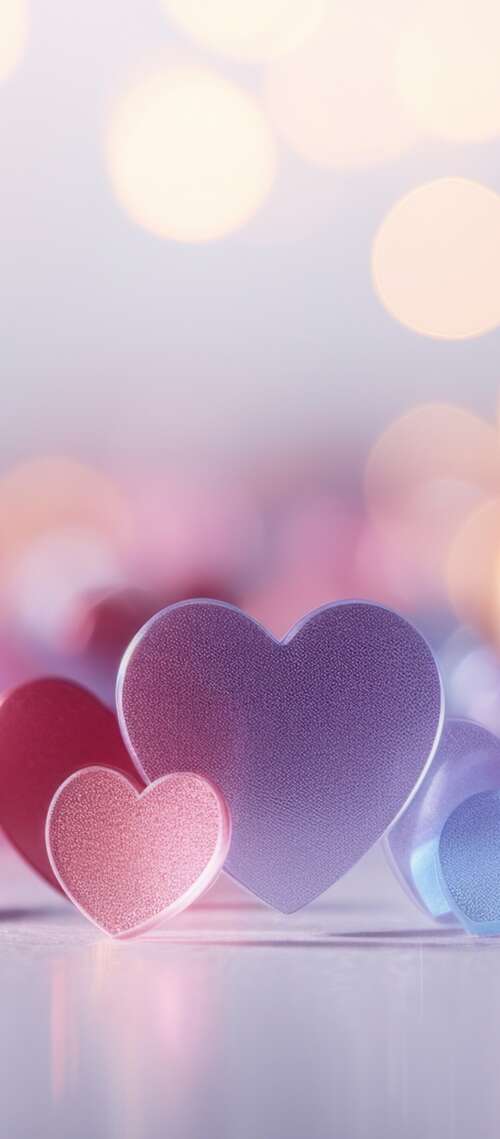 A collection of shiny, glossy love hearts floating in a soft, glowing bokeh background. pictures for wallpaper