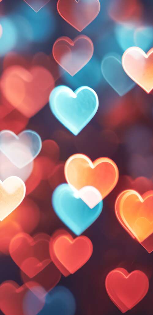 A romantic background featuring soft pink and red bokeh lights and floating heart... free background images