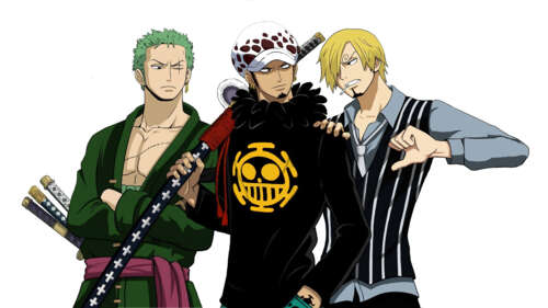 A dramatic group shot featuring Roronoa Zoro, Trafalgar Law, and Sanji from the anime... wallpaper download