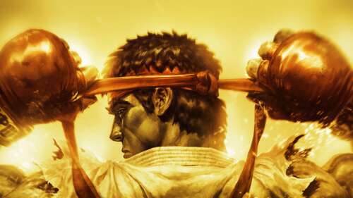 A high-quality portrait of Ryu from Street Fighter against a bright yellow background. wallpaper