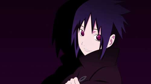 A detailed portrait of Sasuke Uchiha from Naruto smiling with a dark purple background. wallpaper