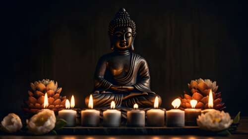 A detailed statue of Gautama Buddha illuminated by candlelight against a dark, spiritual... wallpaper