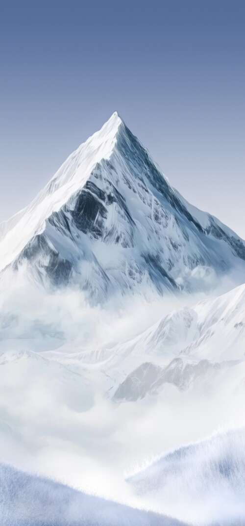 A panoramic view of snowy mountain peaks under a cloudy white sky in a minimalist... wallpaper