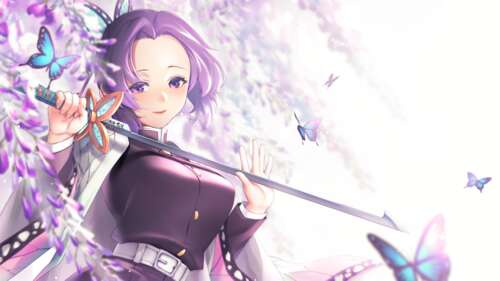 Shinobu Kocho from Demon Slayer: Kimetsu no Yaiba in a beautiful anime art style. wallpaper